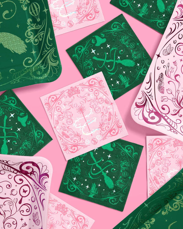 Emerald City Napkins - 24 paper napkins, Emerald City Cupcake Set - 24 sets of liners + toppers, wizard, witch, pink, green