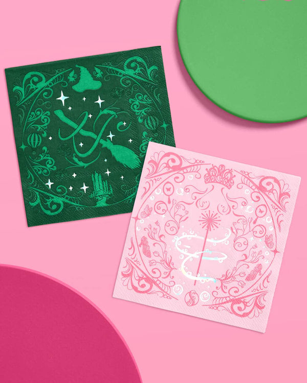 Emerald City Napkins - 24 paper napkins, Emerald City Cupcake Set - 24 sets of liners + toppers, wizard, witch, pink, green