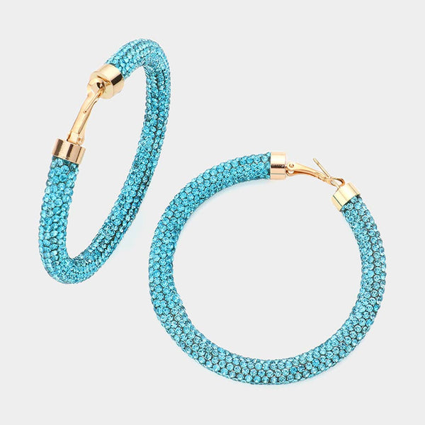 Rhinestone Pave Hoop Earrings: AQUA BLUE