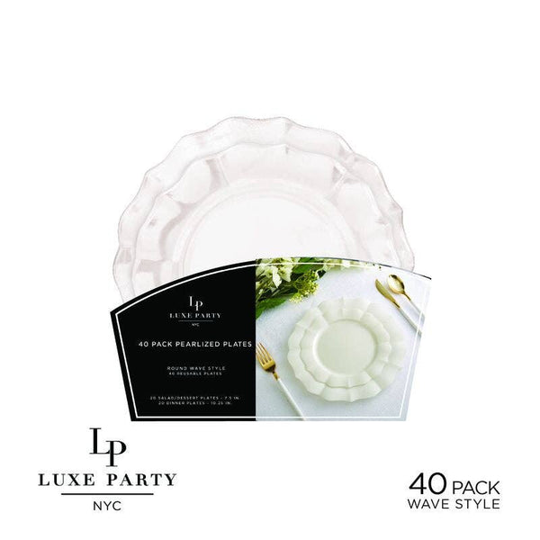 Pearl White Waved Plastic Plate Set | 40 Pack: 20 Dinner and 20 Salad Plates