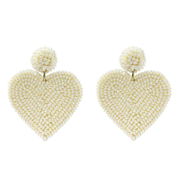 Cream Beaded Heart Valentine's Day Earrings