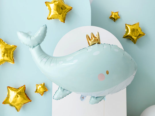 31” Sky Blue Whale with Crown Foil Balloon