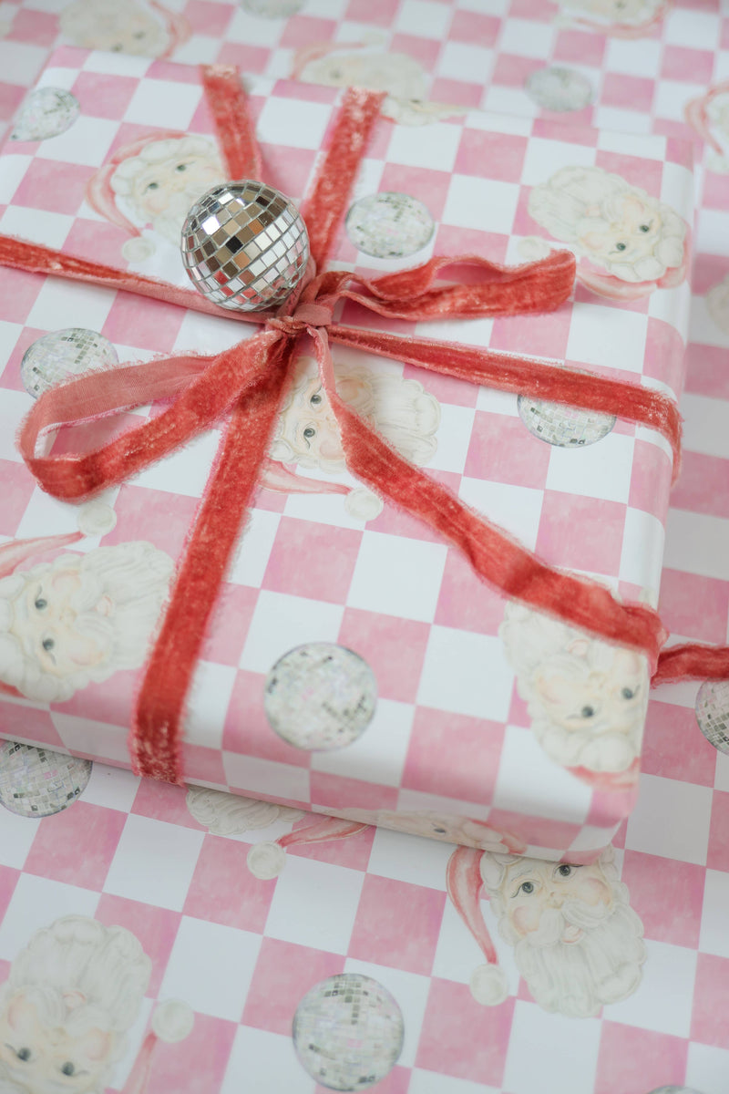 Disco Santa Claus Pink Checker Gift Wrap