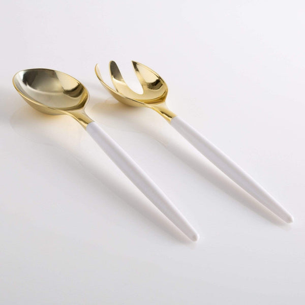 White /  Gold Plastic Serving Fork • Spoon Set: 1 Spoon 1 Fork