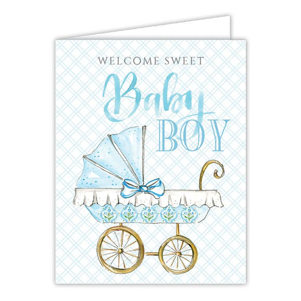 Handpainted Welcome Sweet Baby Boy Carriage Greeting Card
