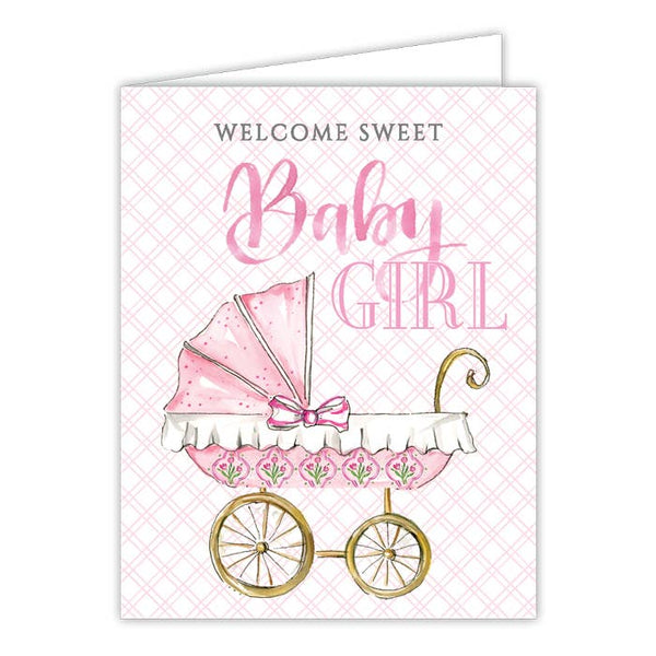 Handpainted Welcome Sweet Baby Girl Carriage Greeting Card