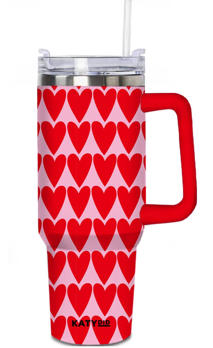 Girly Red Hearts Pattern Tumbler with Handle and Straw: Light Pink